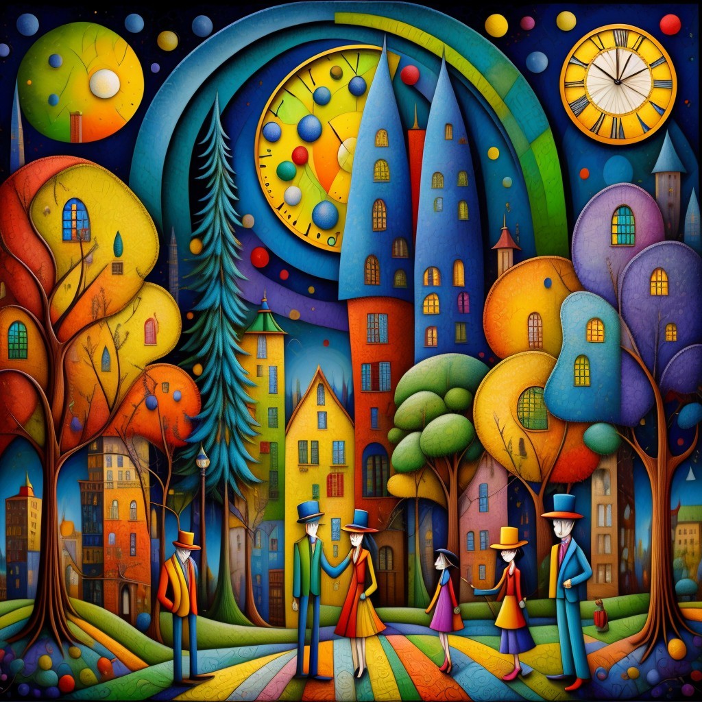 Surreal Scene of Colorful Figures on Striped Path