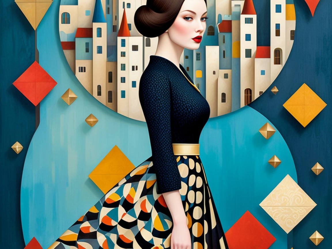 Stylish Woman in Profile Against Abstract Cityscape