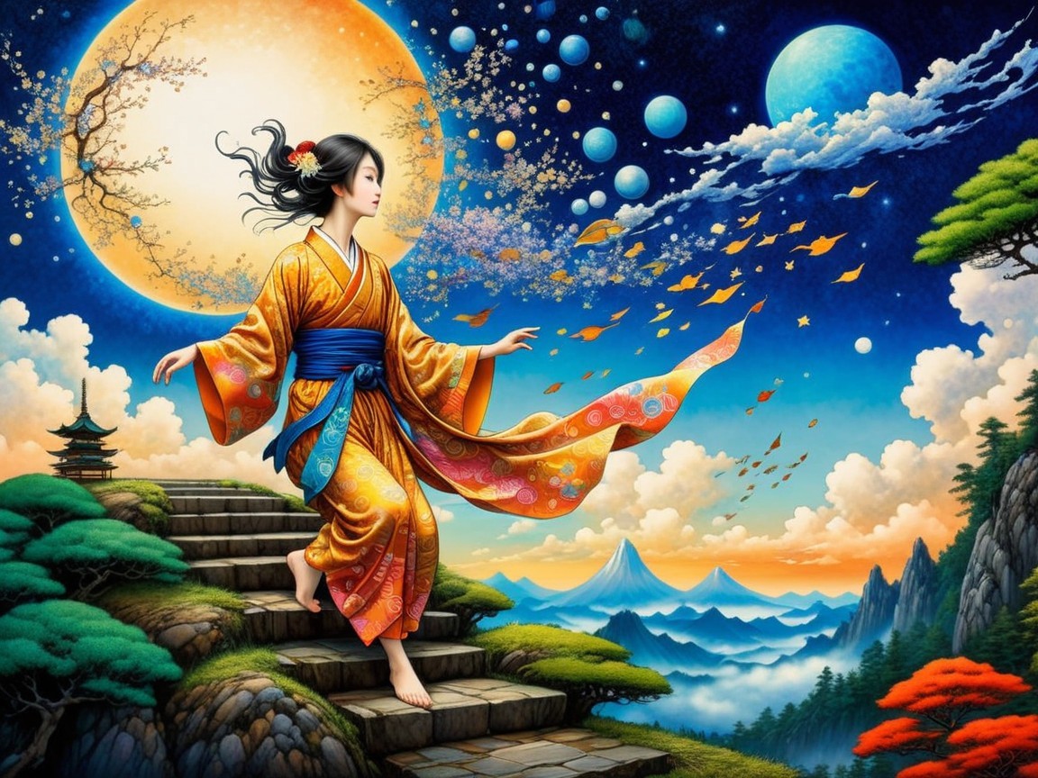 Graceful figure in vibrant kimono in dreamlike landscape