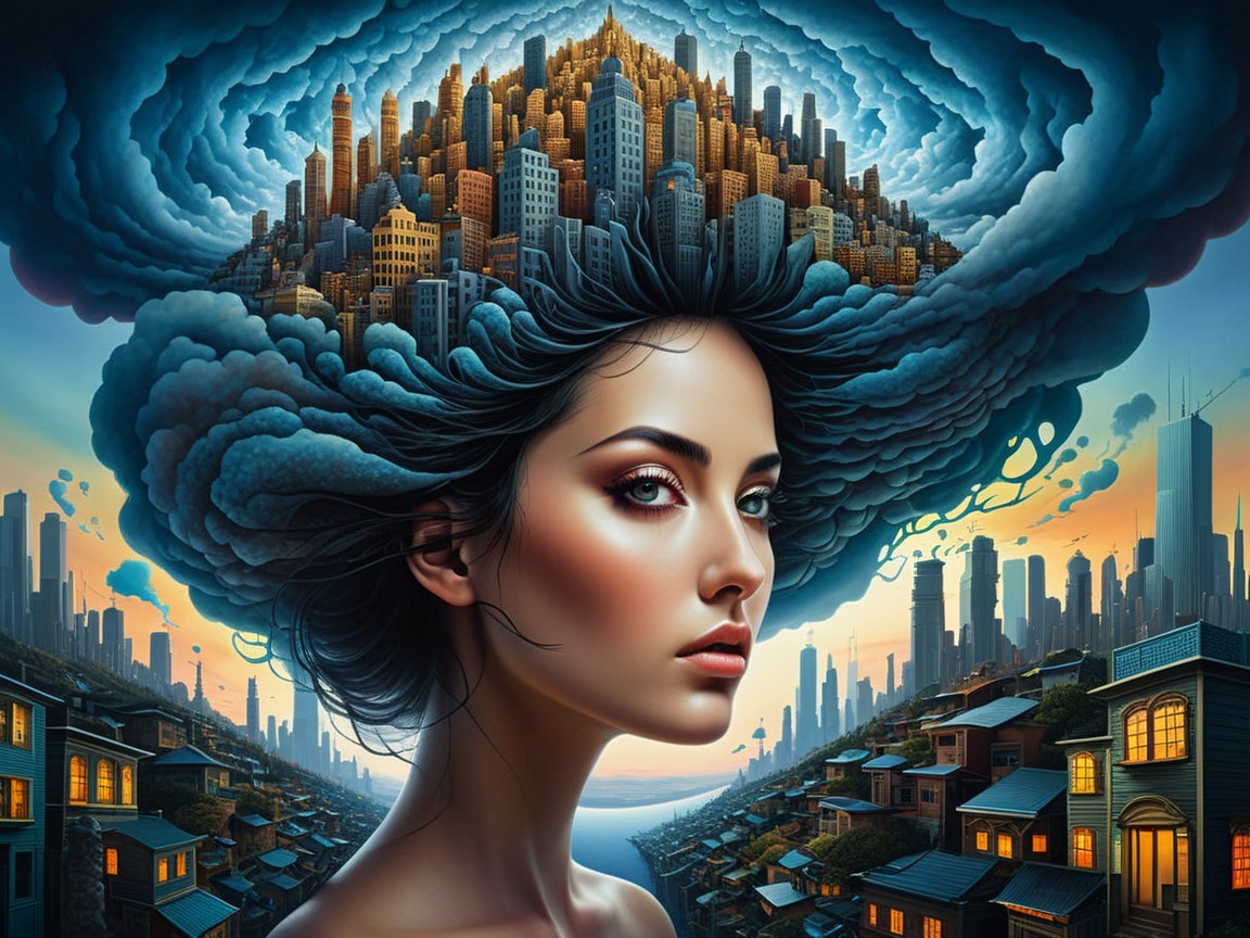 Surreal Portrait of Woman with Cityscape Hair