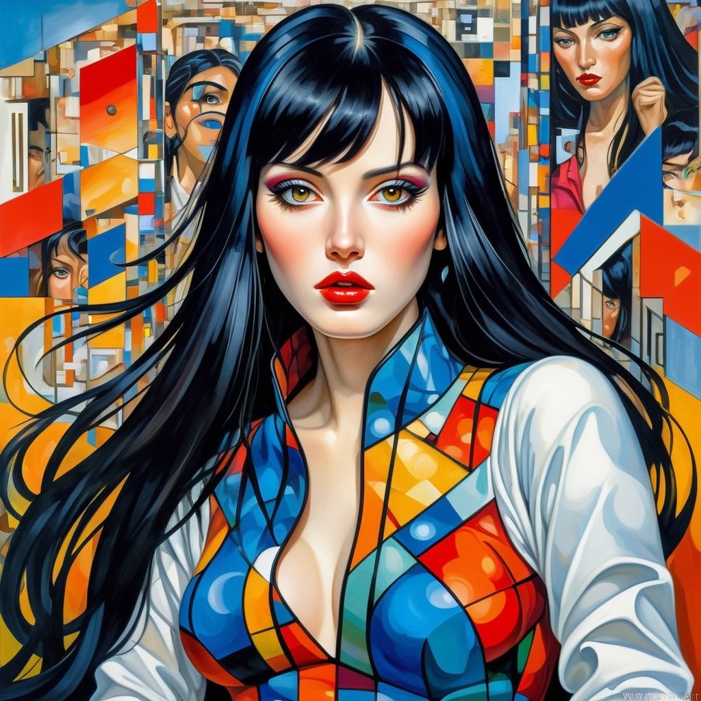 Striking Woman with Vibrant Makeup and Abstract Background