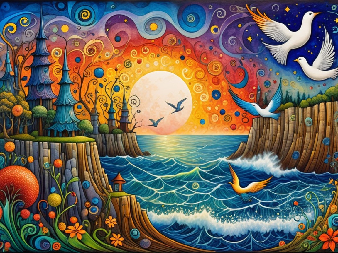 Whimsical Landscape with Colorful Patterns and Nature