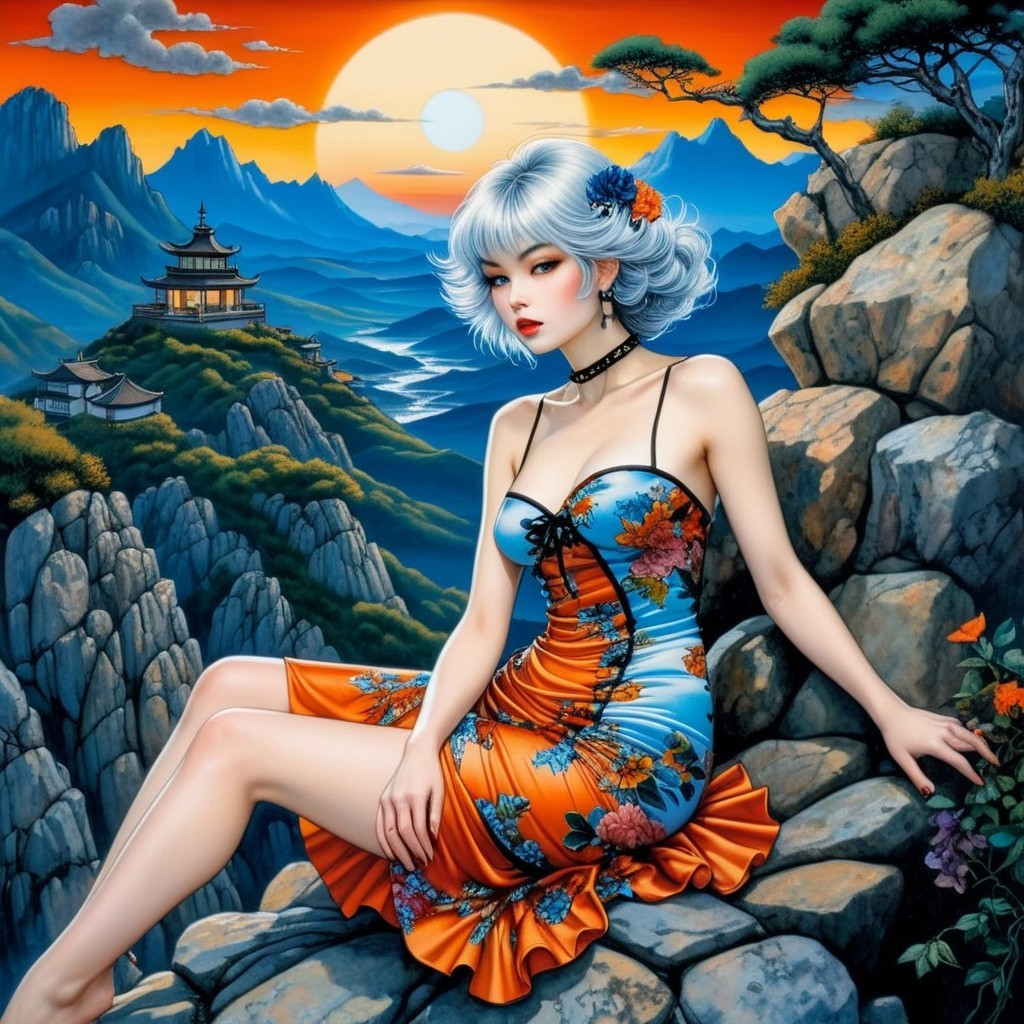 Serene Mountain Landscape at Sunset with Traditional Architecture