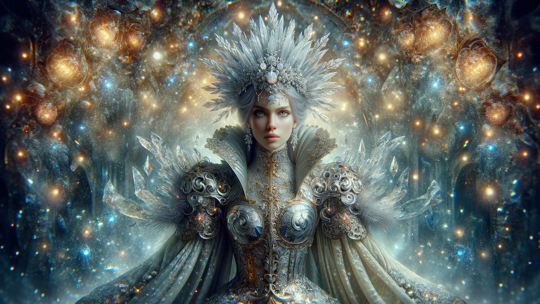 Majestic Ice-Themed Gown with Cosmic Backdrop