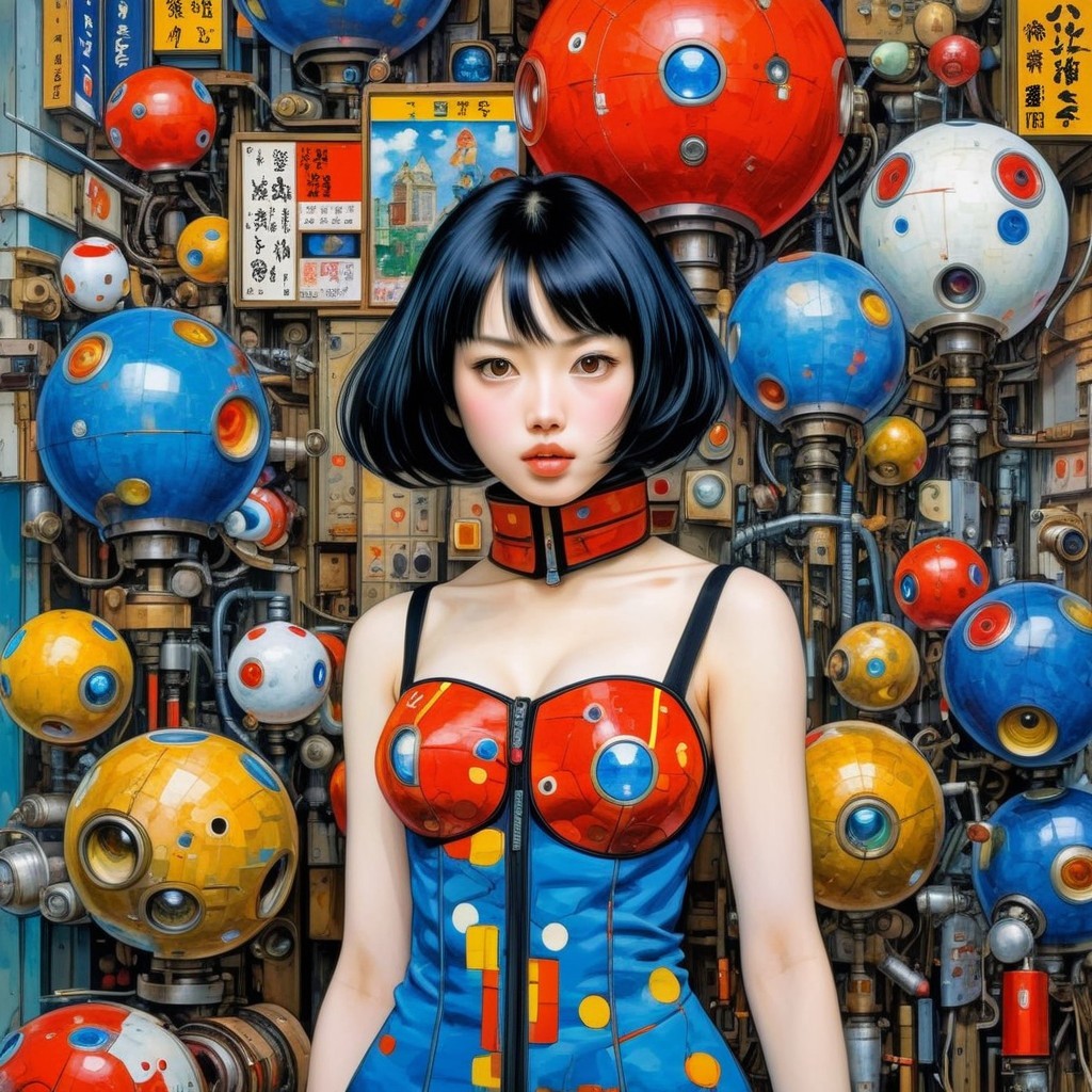 Futuristic Scene with Young Woman in Blue Dress