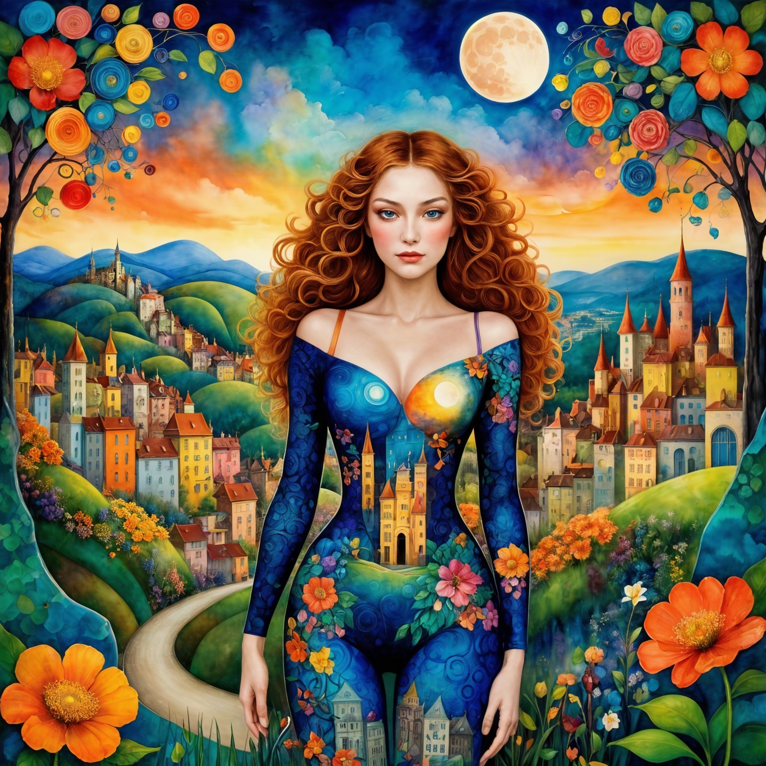 Whimsical Landscape with Woman in Floral Bodysuit