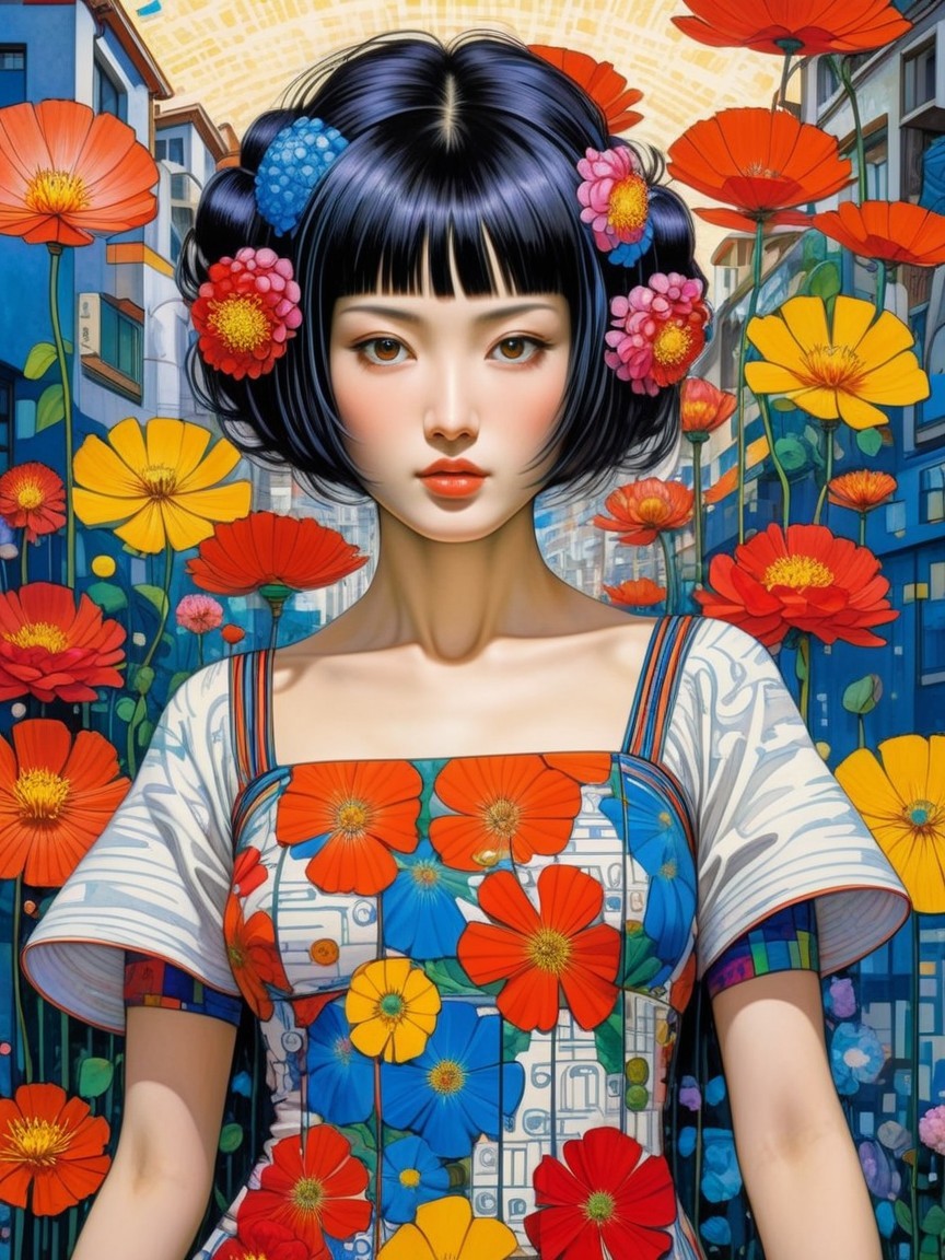 Young woman with bob haircut in vibrant urban setting