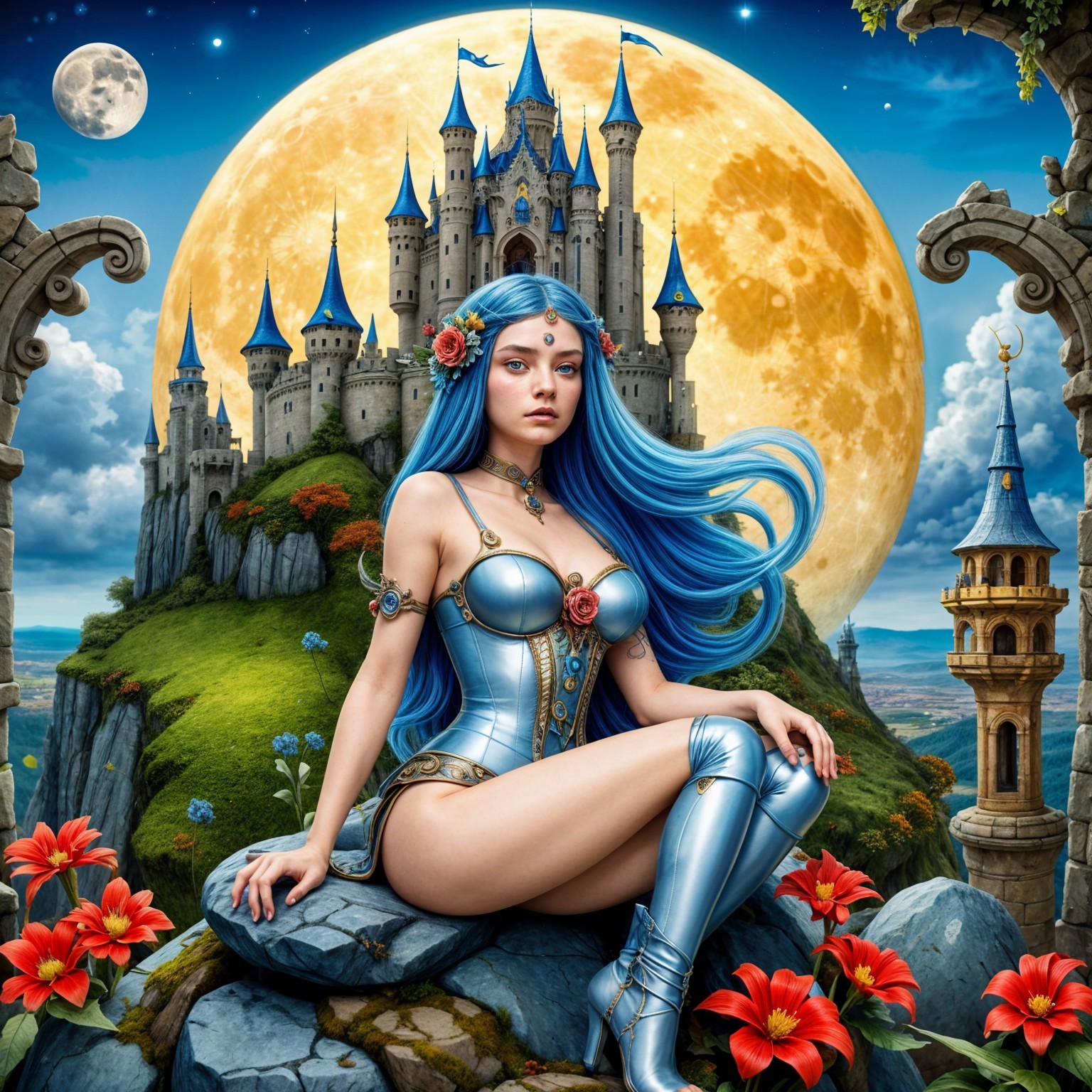 Young Woman in Silver Bodysuit Amidst Enchanted Landscape