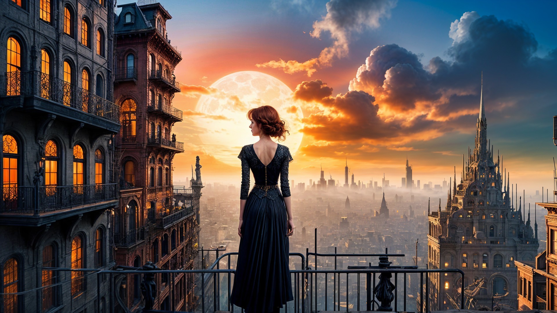 Woman in Black Dress Overlooks City at Sunset