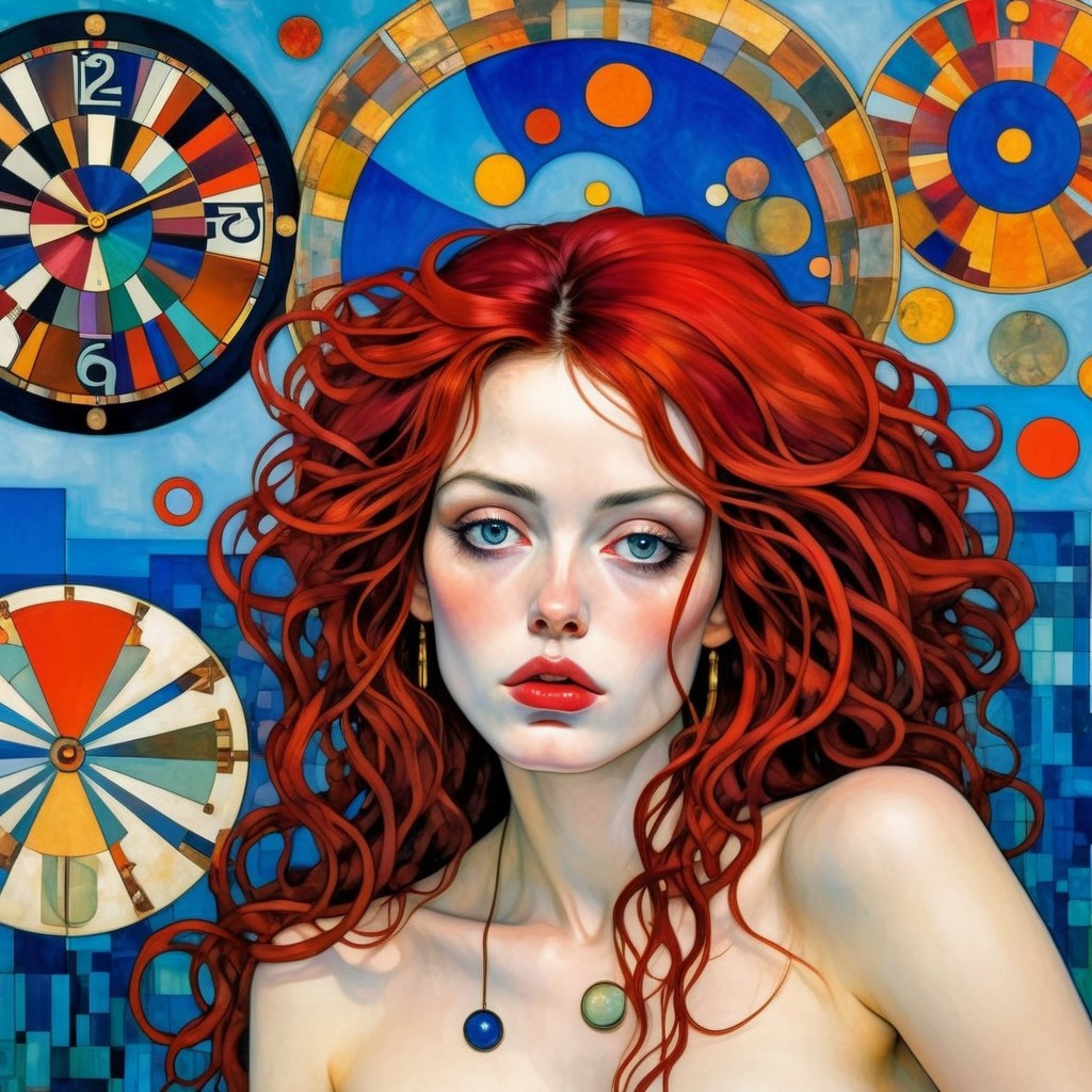Vibrant Woman with Red Hair and Geometric Background