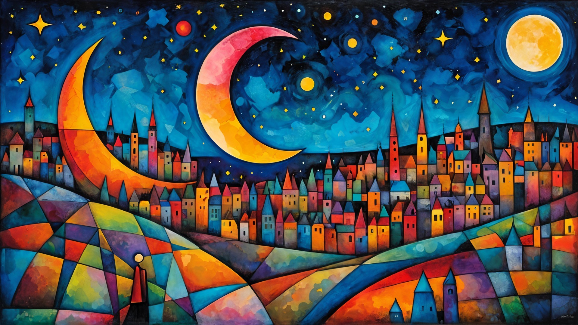 Vibrant Abstract Cityscape Under Starlit Night Sky