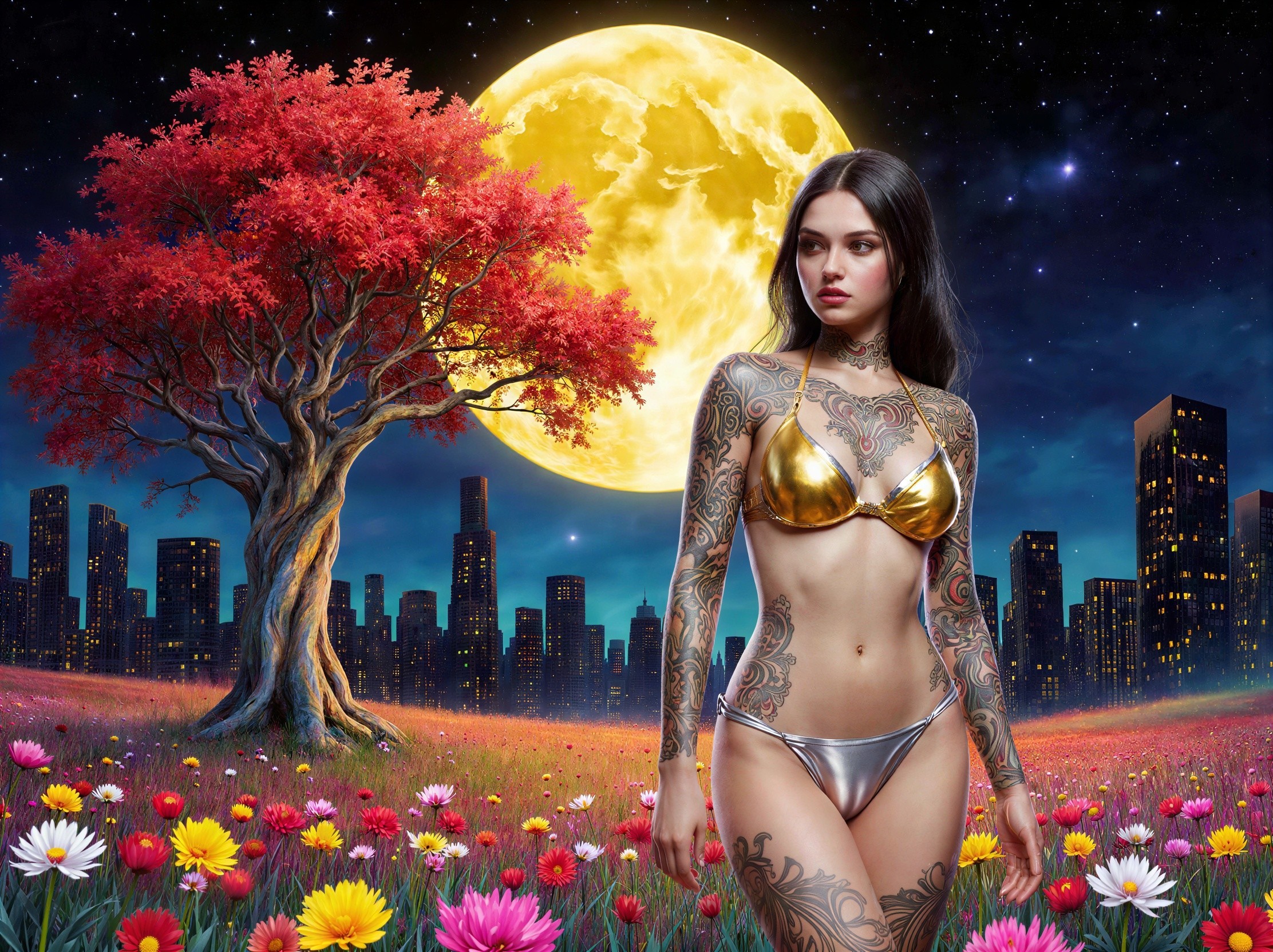 Tanned Woman in Wildflowers with Moonlit Cityscape