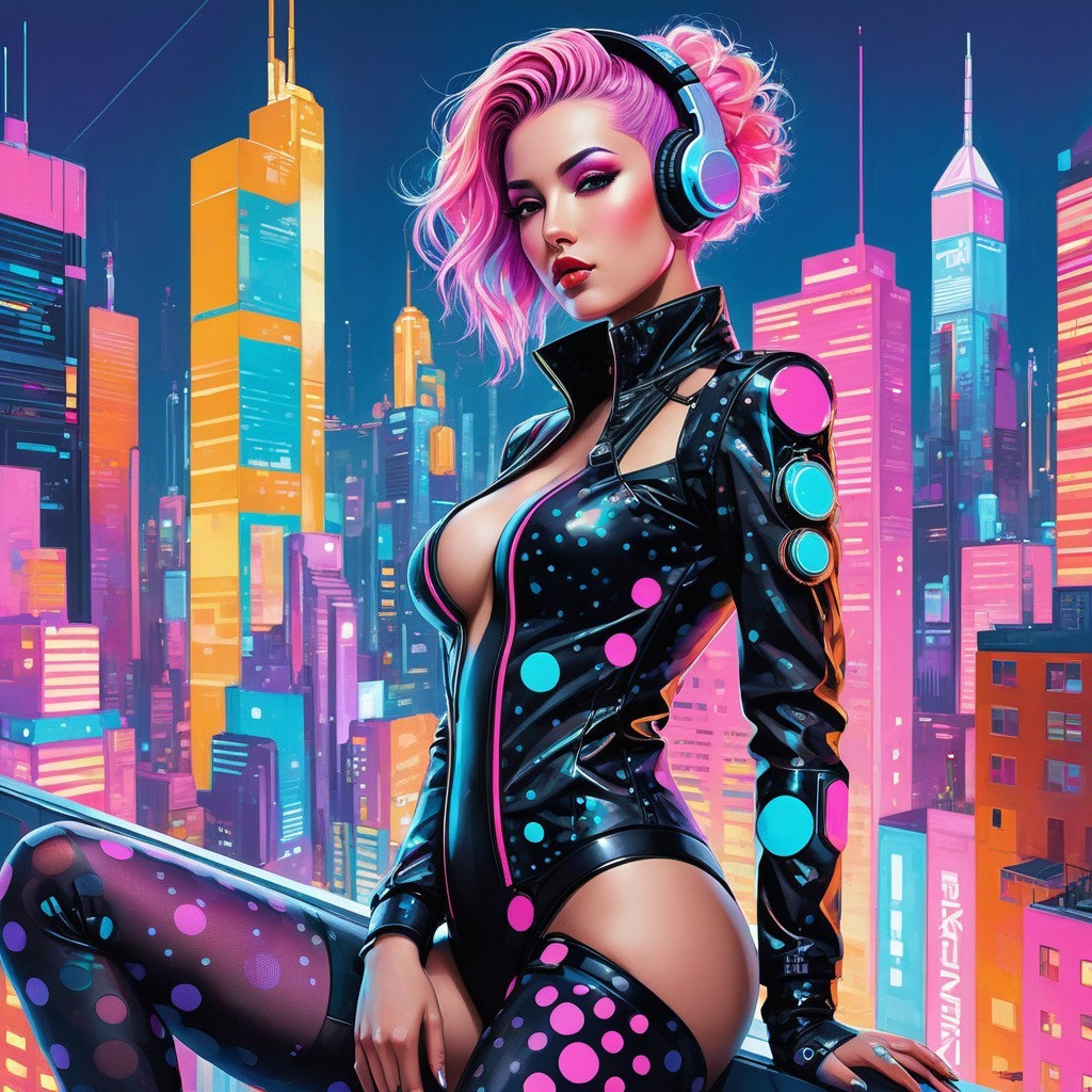 Futuristic Cityscape with Neon Lights and Stylish Woman