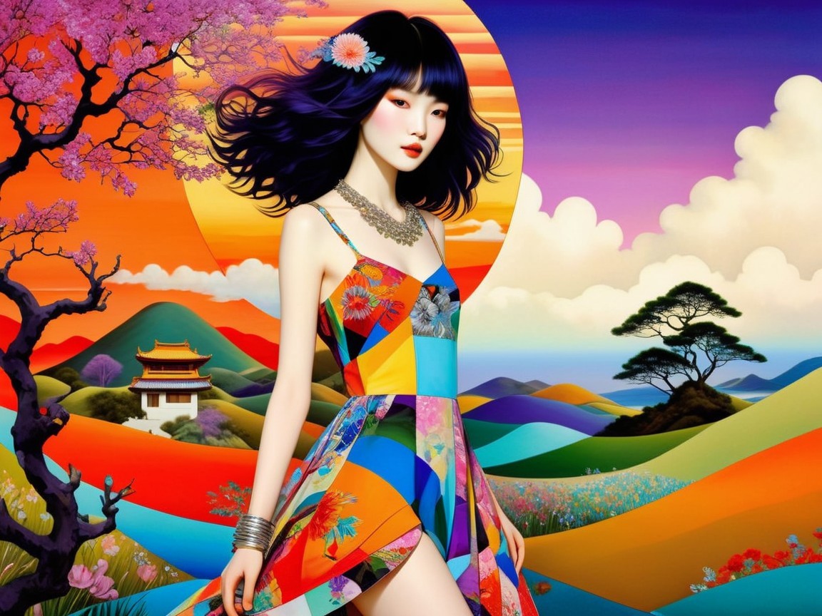 Colorful Illustration of Woman in Surreal Landscape