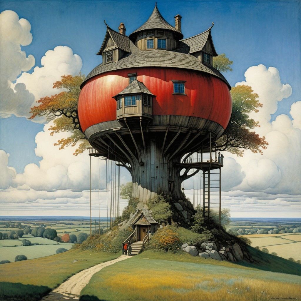 Whimsical Apple-Shaped Treehouse in Scenic Landscape