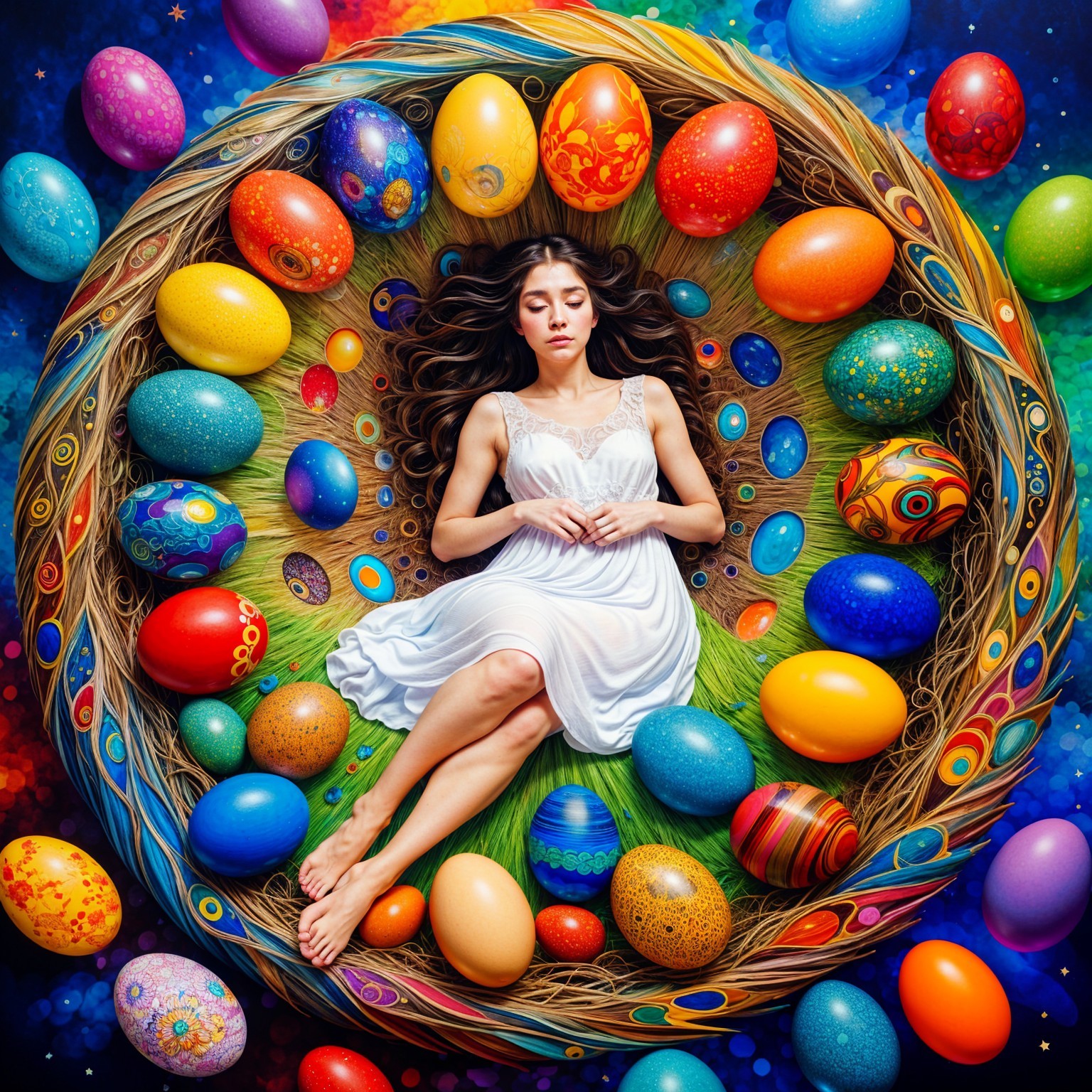 Woman in White Gown Surrounded by Colorful Easter Eggs