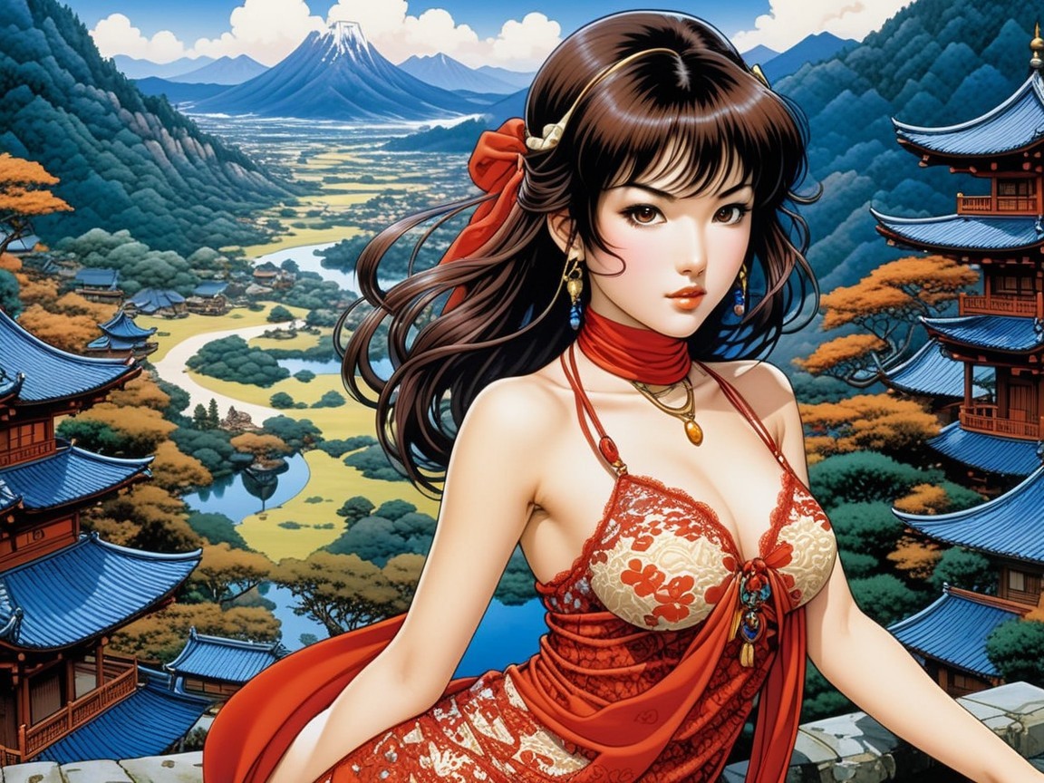 Young Woman in Red Dress Amidst Scenic Landscape