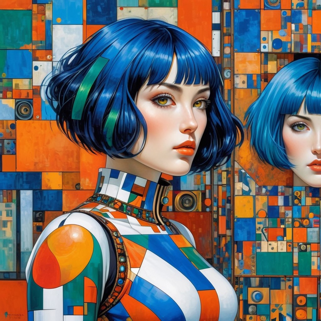 Stylized Female Figure with Blue Hair and Geometric Outfit