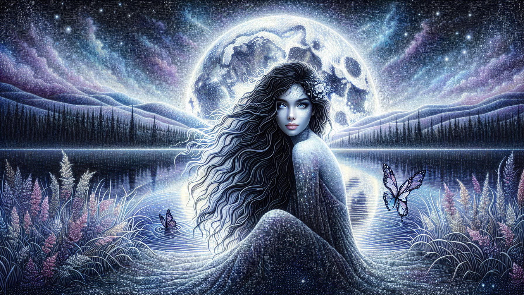 Serene Woman by Calm Lake Under Luminous Moon