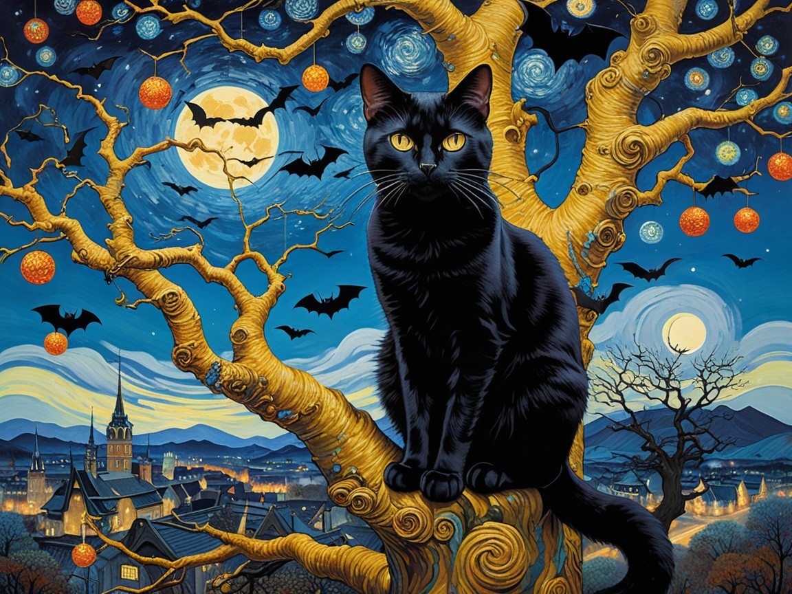 Mystical Night Scene with Black Cat and Moonlit Orbs