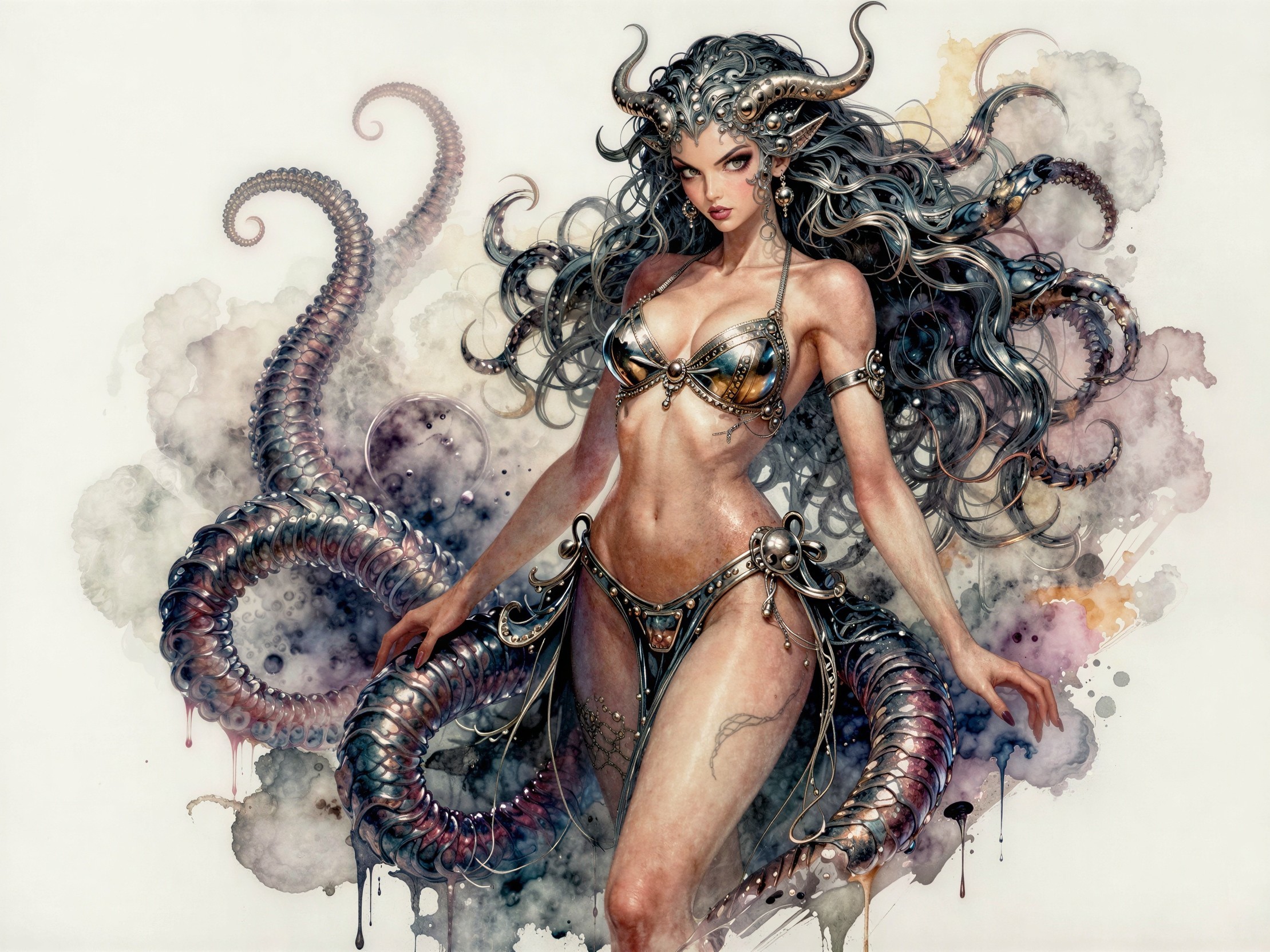 Fantasy Artwork of Woman with Horns and Tentacles