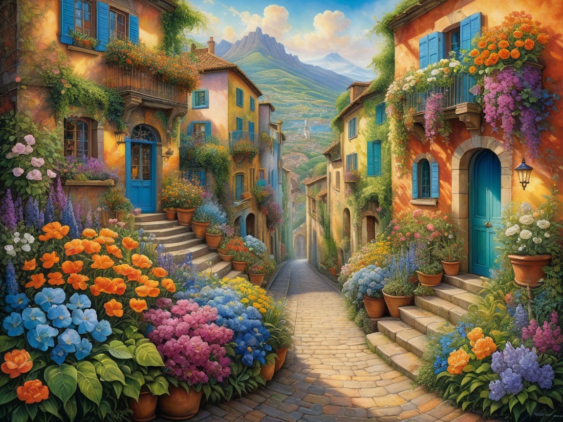 Vibrant Village Street with Colorful Houses and Gardens