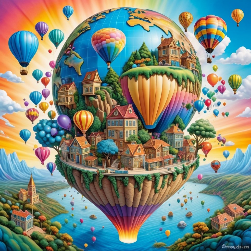 Whimsical Landscape with Earth-Shaped Balloon and Nature