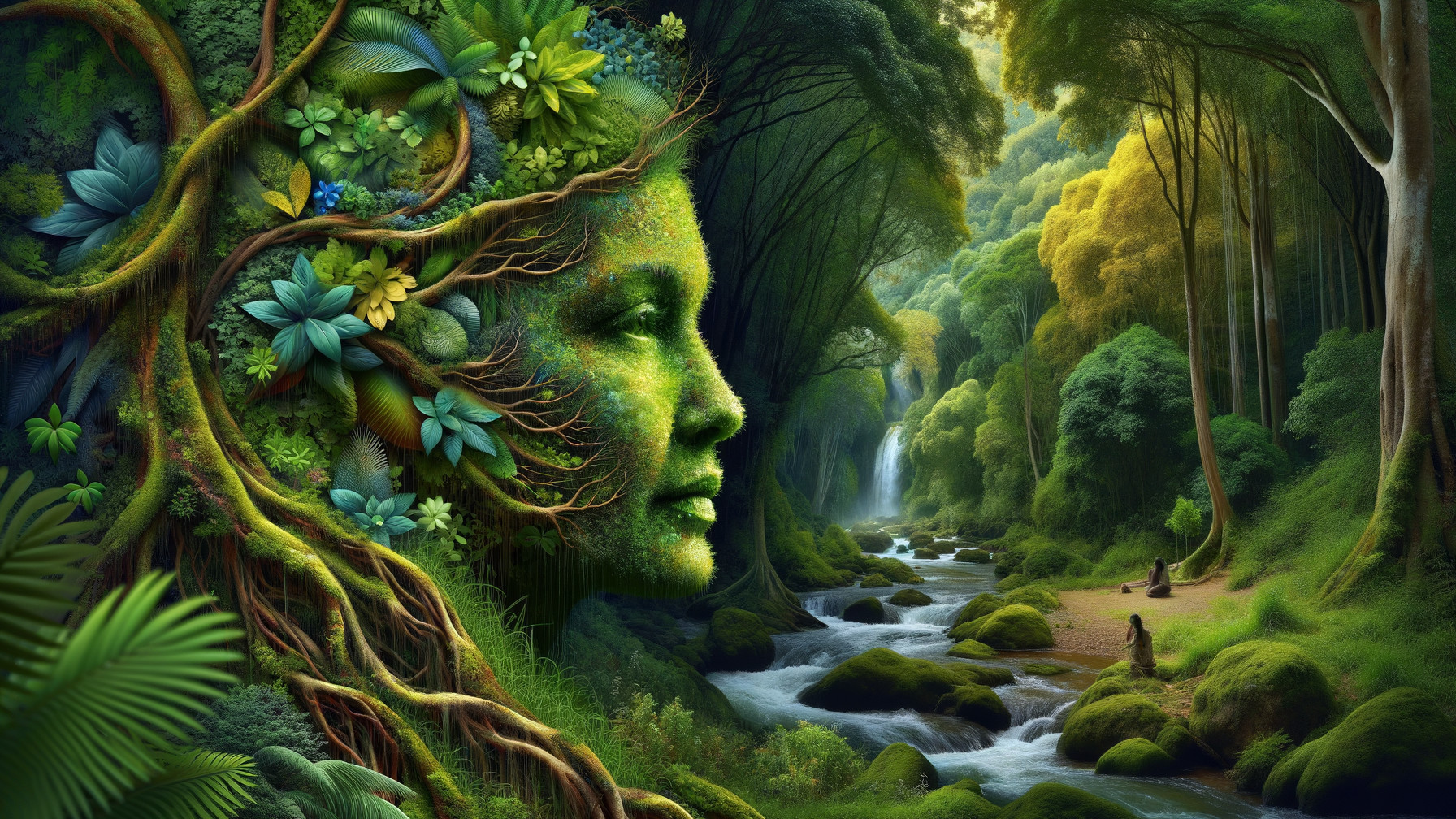 Intricate Face Carved from Foliage in Forest Scene