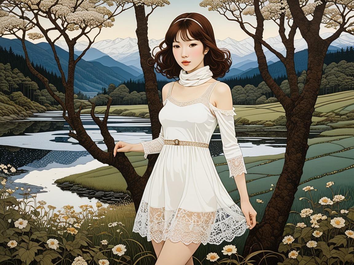 Young Woman in White Dress Amidst Serene Landscape