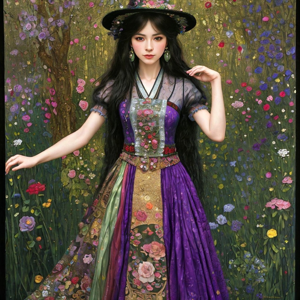 Elegant woman in vibrant floral dress in garden