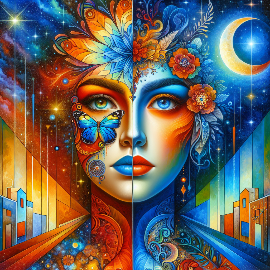 Vibrant Split Artwork of a Woman's Face and Elements