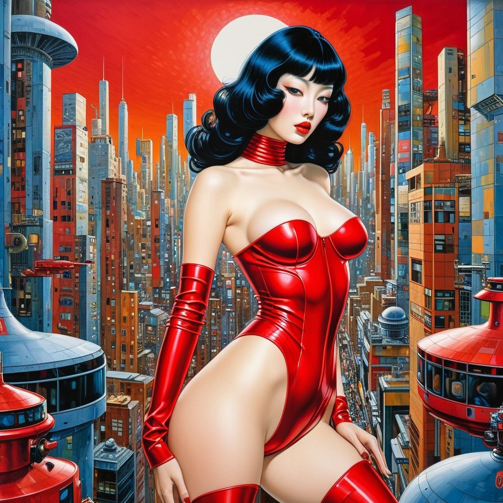 Futuristic Cityscape with Character in Red Bodysuit