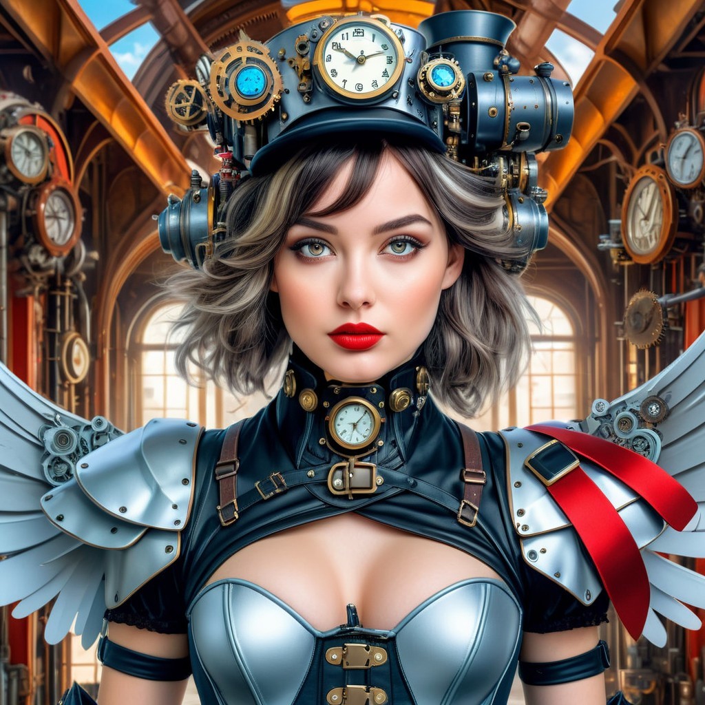 Steampunk-Inspired Woman in Ornate Clock Setting