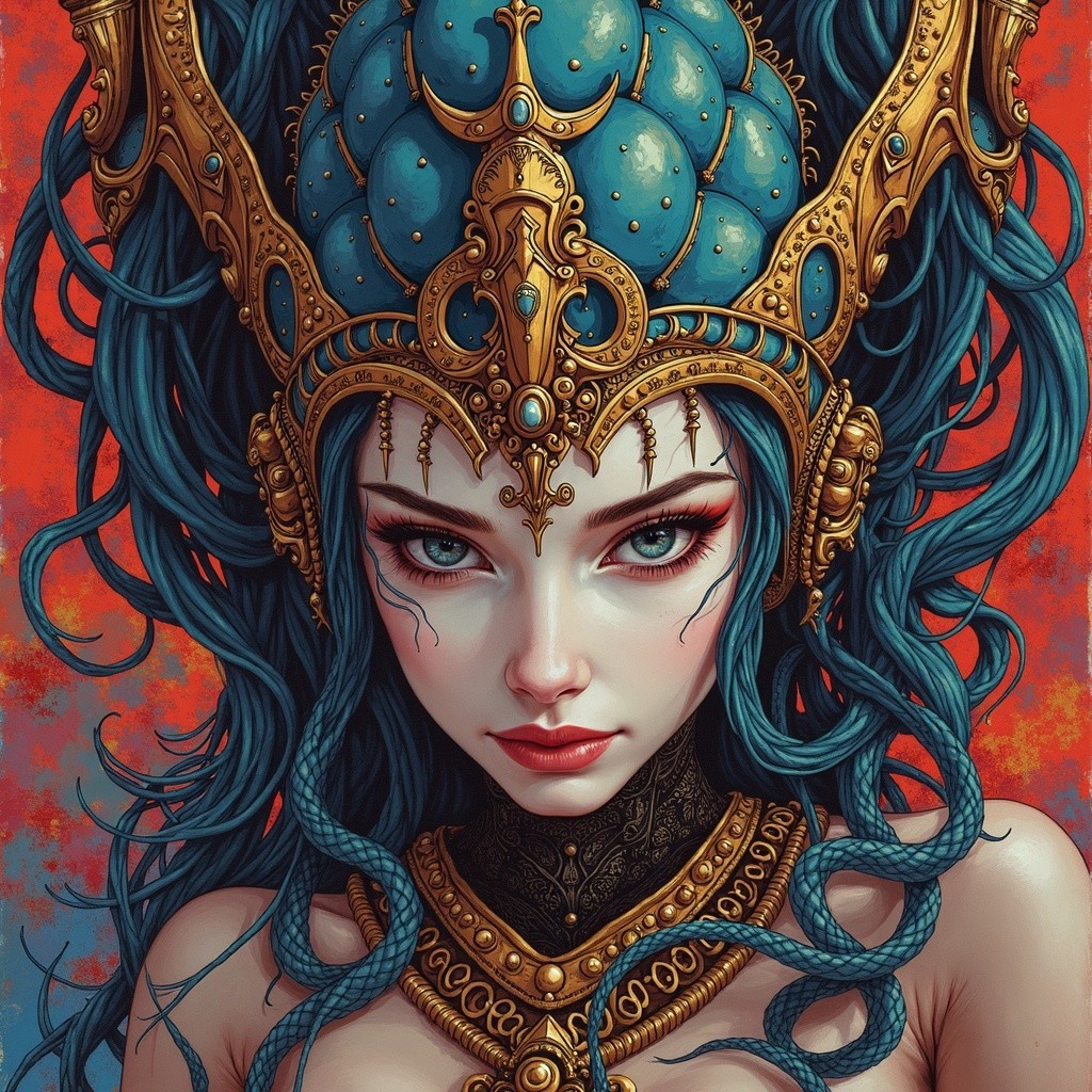 Portrait of a Woman with Golden Crown and Turquoise Hair