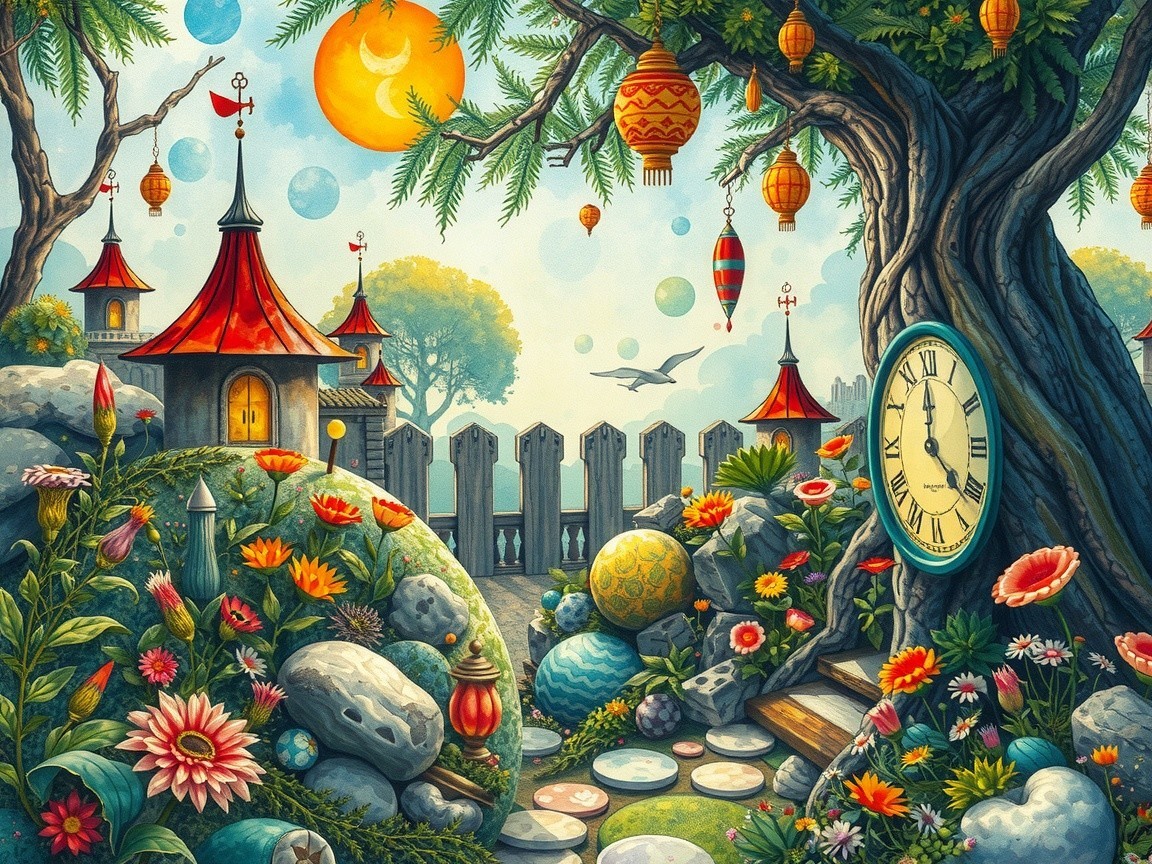 Whimsical Landscape with Flowers and Charming Houses