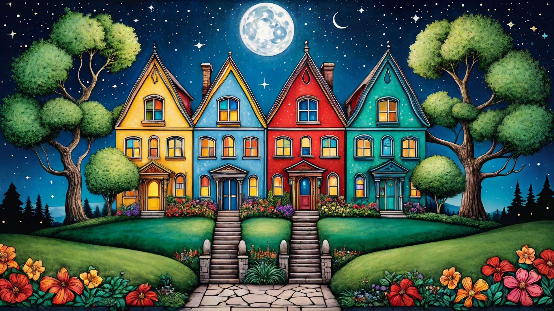 Colorful Houses Under a Starry Night Sky