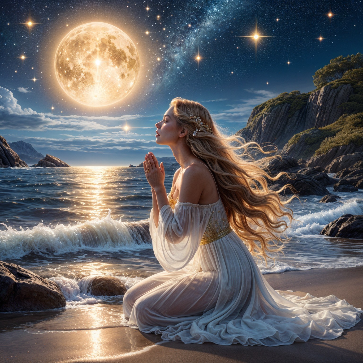Moonlit Beach Scene with Woman in White Gown