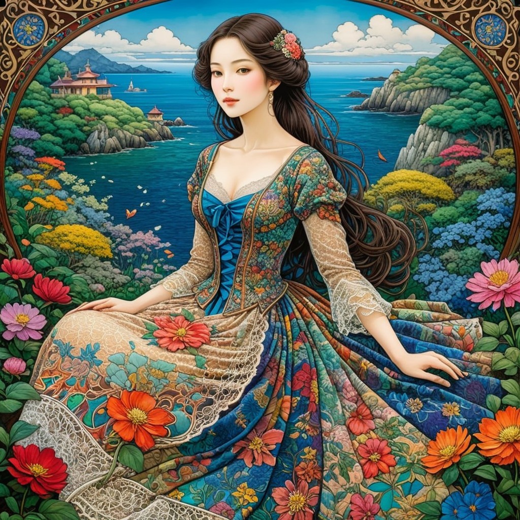 Serene Woman in Vibrant Floral Landscape Setting