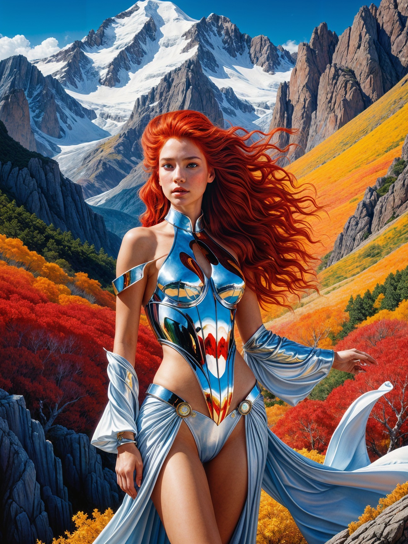 Fantasy scene with a woman in reflective armor