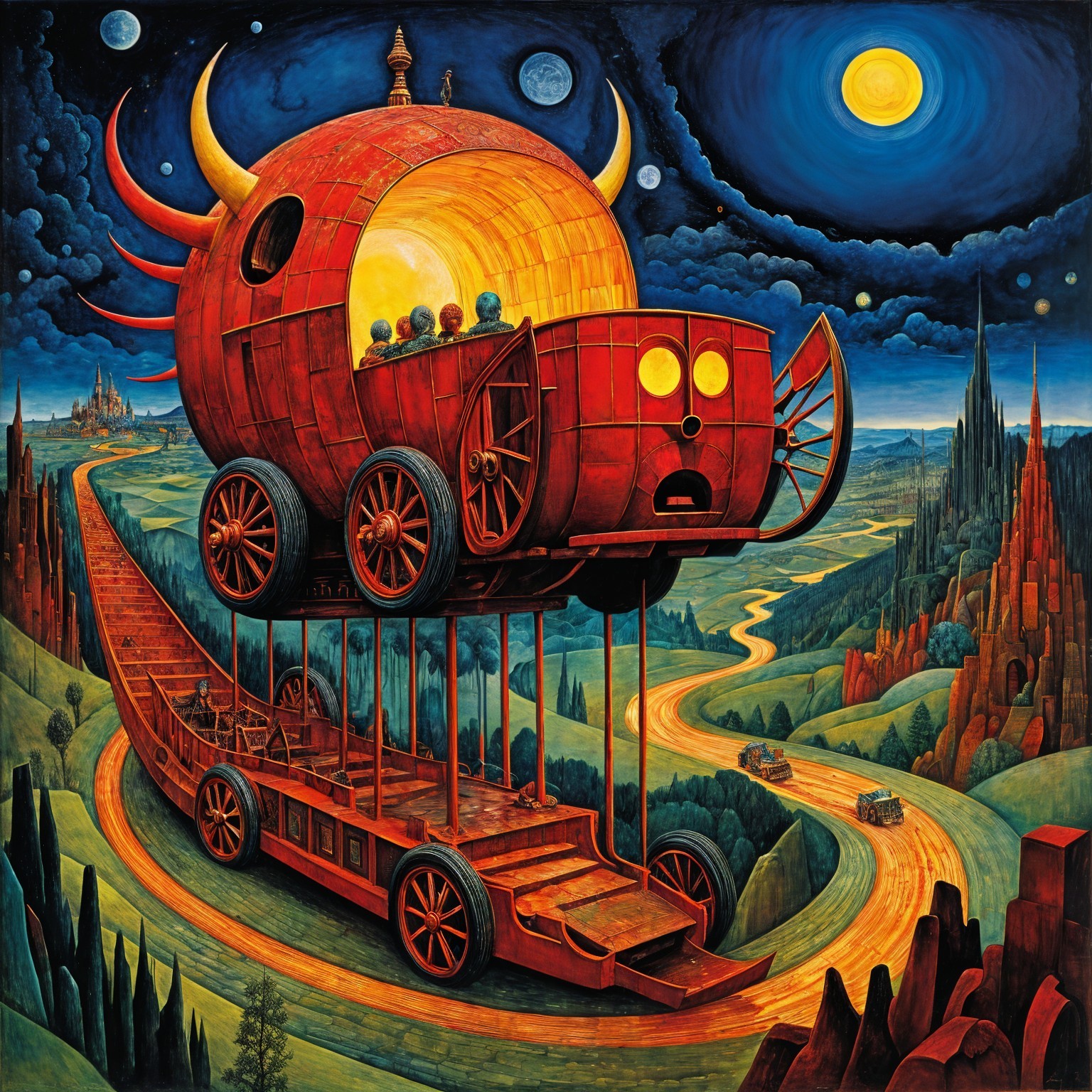Red Pumpkin Carriage Floating in a Vibrant Landscape
