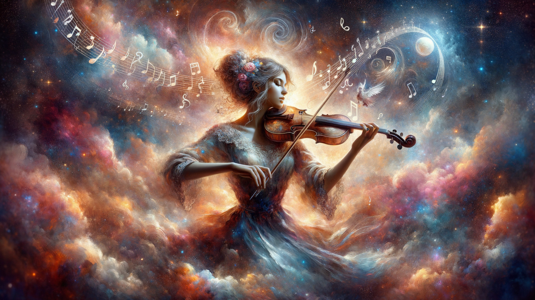 Celestial Scene of Woman Playing Violin in Clouds
