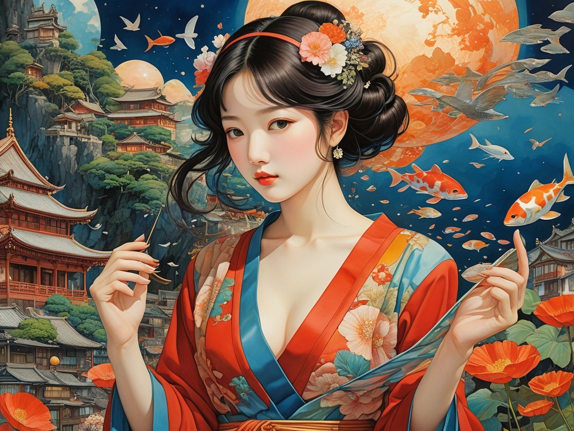 Serene Woman in Kimono Against Moonlit Landscape