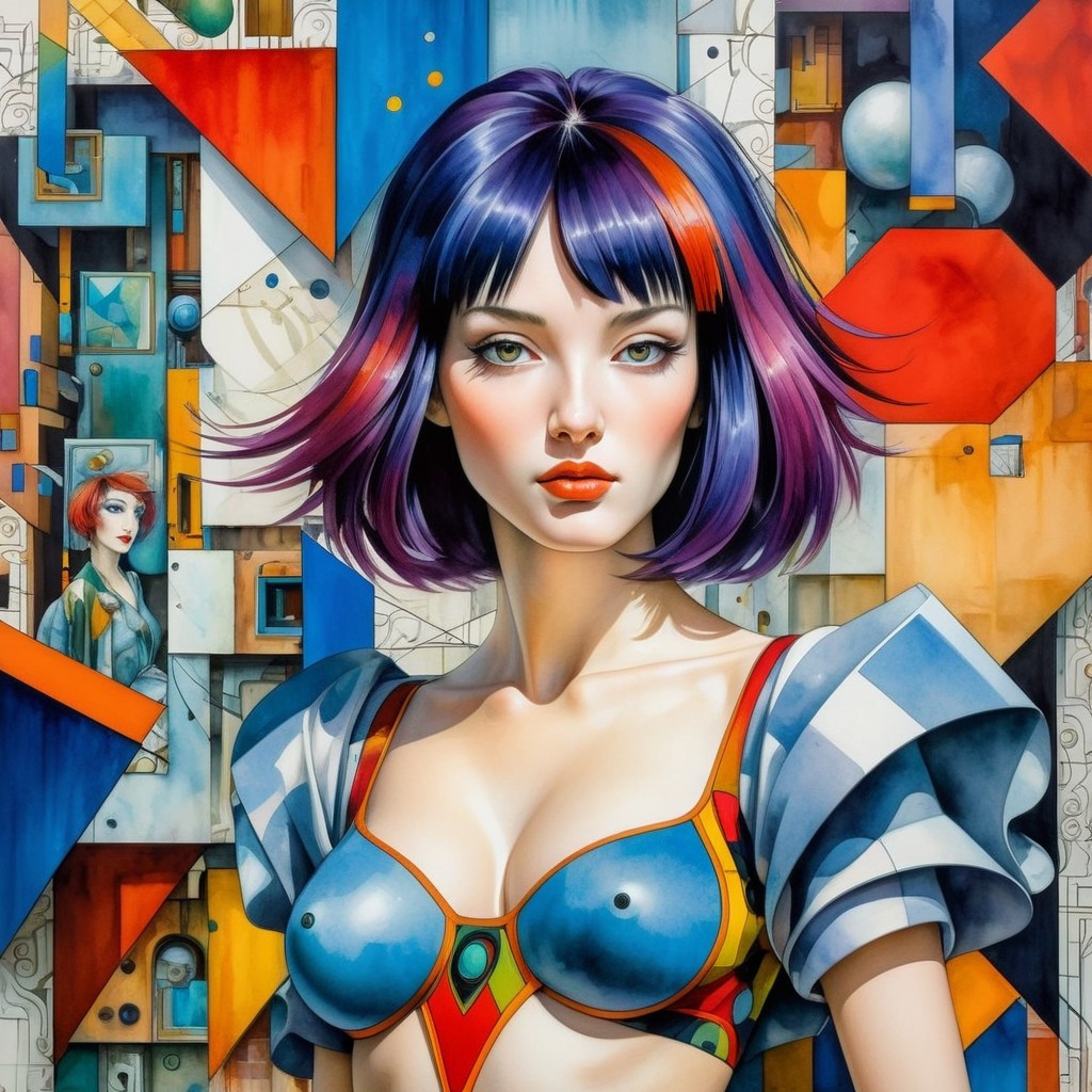 Young Woman with Geometric Background and Colorful Hair