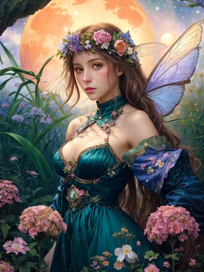 Mystical Fairy in Vibrant Garden Under Glowing Moon