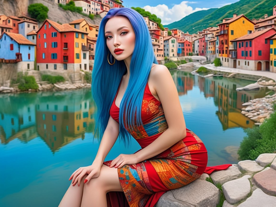 Vibrant Blue-Haired Woman by Serene River Landscape