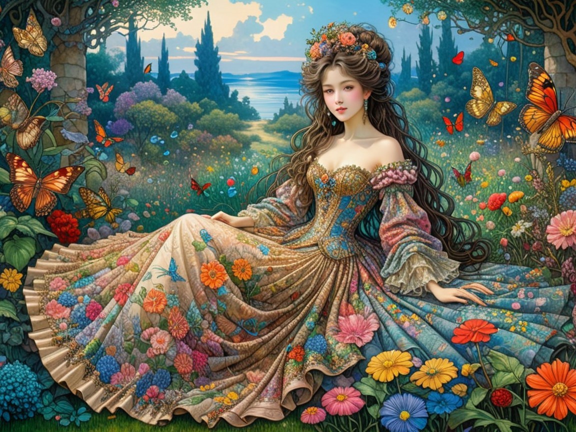 Young woman in floral gown in a colorful garden scene