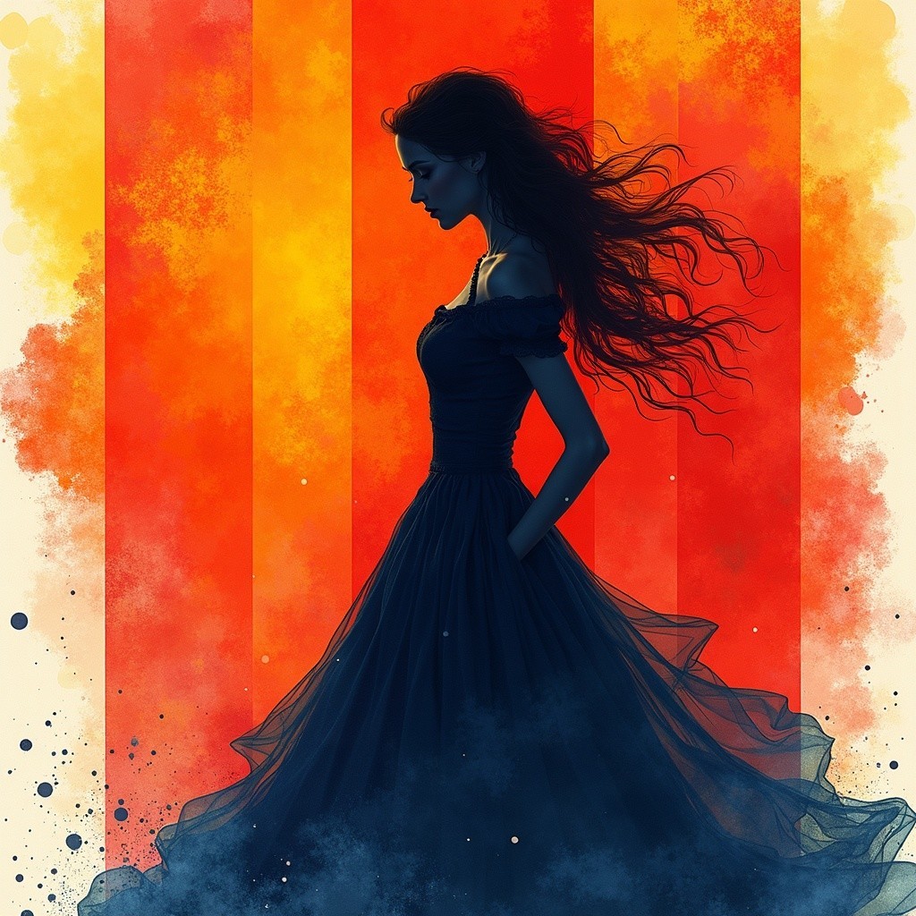 Silhouette of Woman in Vibrant Striped Background
