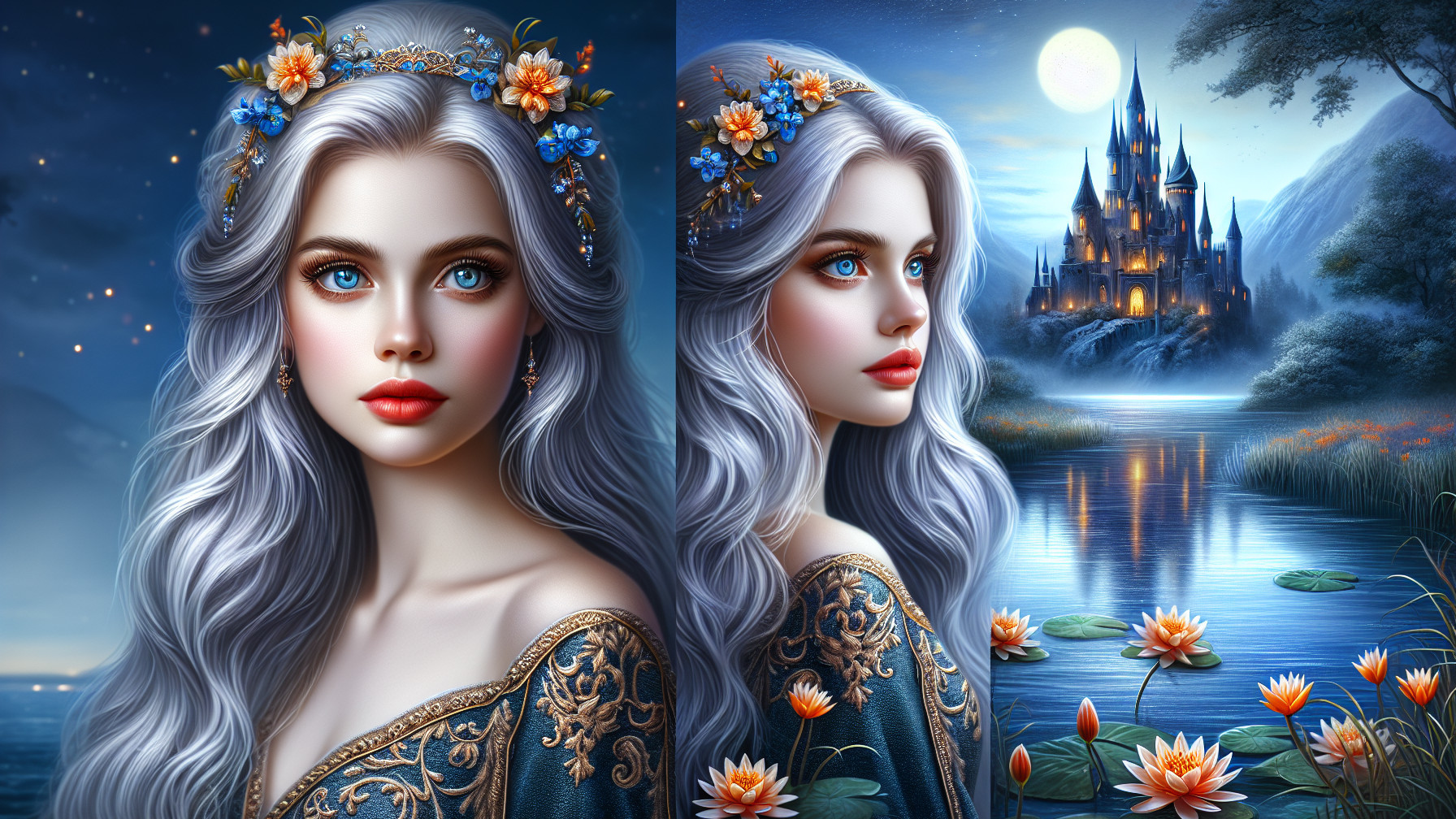 Twilight Scene with Woman, Castle, and Lake