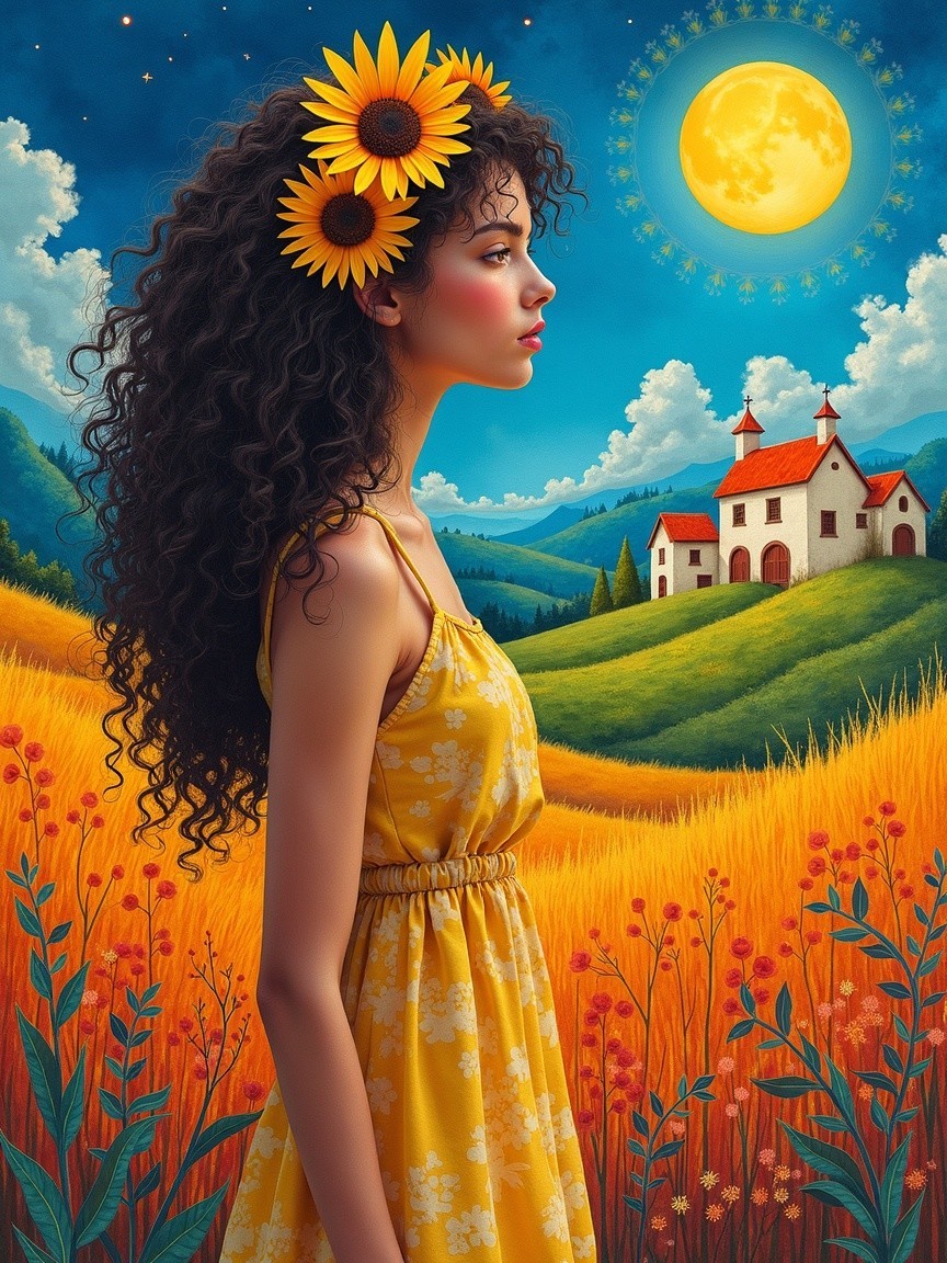 Young Woman in Yellow Dress with Sunflowers in Landscape