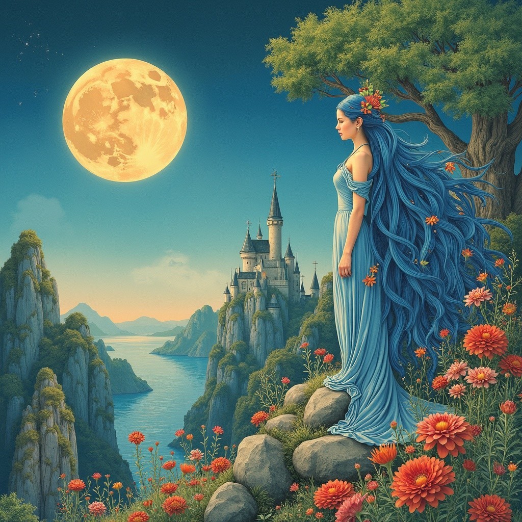 Woman with Blue Hair by Castle and Moonlit River